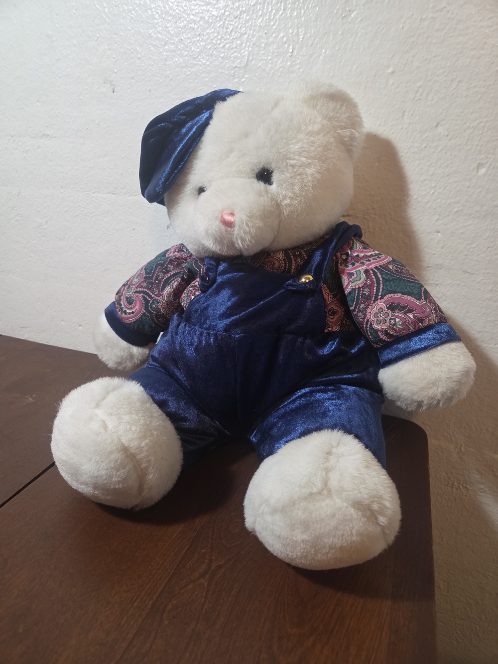 White Teddy Bear Vintage Velvet Blue Overalls And Hat Paisley Print